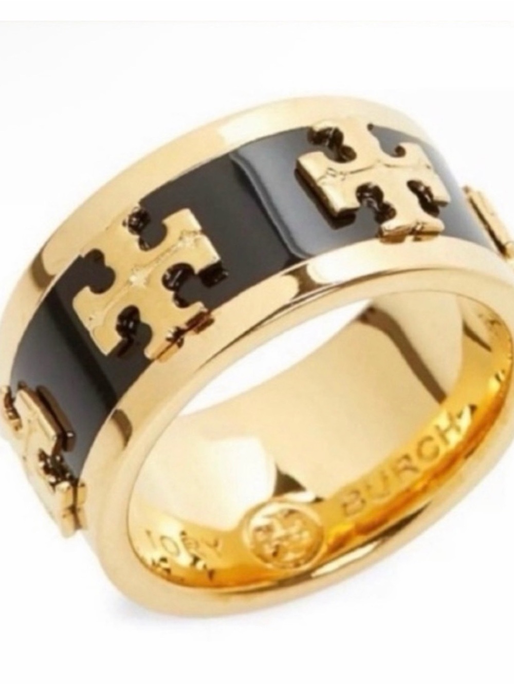 Tory Burch Gold and Black Enamel Logo Band Ring Sz 7 AUTHENTIC